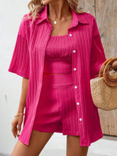 Solid Color Textured Drop Shoulder Blouse & Cami Top With Shorts Set